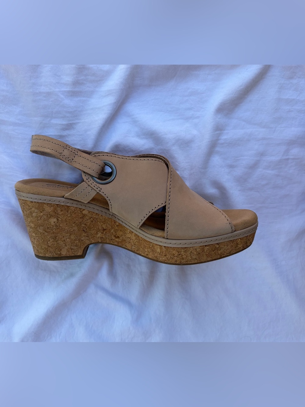 Clarks Collection Leather Back- Velcro Strap Wedges Giselle Loop Natural  Sz 8